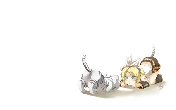 Anime picture 1920x1200 with vocaloid kagamine rin rahwia single blush highres short hair open mouth blue eyes simple background blonde hair wide image white background animal ears tail third-party edit kemonomimi mode extended detexted tiger girl