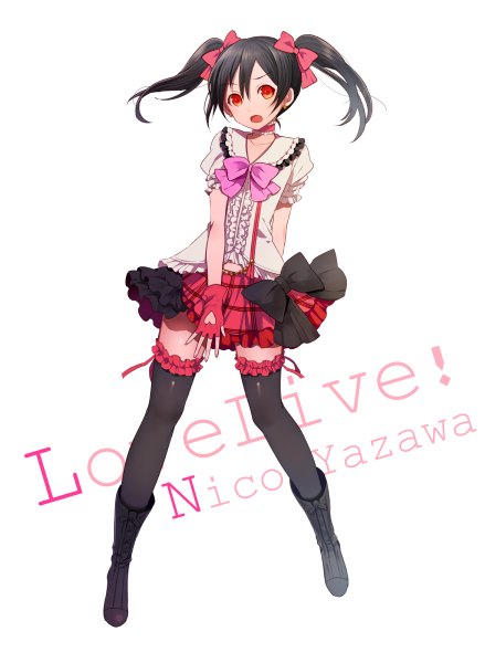 Anime picture 877x1200 with love live! school idol project sunrise (studio) love live! yazawa nico harano single long hair tall image looking at viewer open mouth black hair red eyes twintails full body copyright name character names girl thighhighs dress gloves