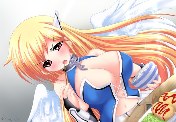 Anime picture 2988x2081 with sora no otoshimono astraea highres breasts light erotic blonde hair red eyes pointy ears huge breasts wings food