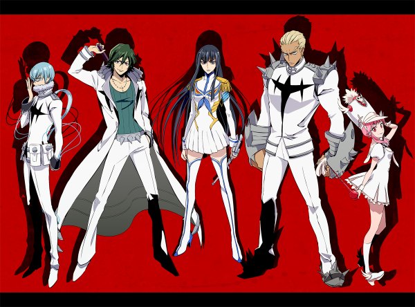 Anime picture 1200x888 with kill la kill studio trigger kiryuuin satsuki jakuzure nonon gamagoori ira sanageyama uzu inumuta houka joka (night gate) long hair looking at viewer fringe short hair blue eyes black hair blonde hair simple background hair between eyes standing multiple girls blue hair