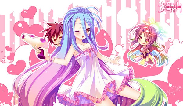 Anime picture 1000x583 with no game no life madhouse shiro (no game no life) jibril (no game no life) sora (no game no life) grandia bing long hair blush open mouth hair between eyes red eyes wide image bare shoulders blue hair red hair one eye closed multicolored hair wink loli striped background