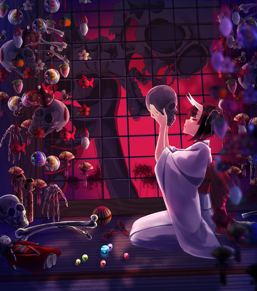 Anime picture 746x842 with original kyara36 single tall image fringe short hair open mouth black hair red eyes sitting holding looking away bent knee (knees) blunt bangs long sleeves traditional clothes japanese clothes profile horn (horns) wide sleeves