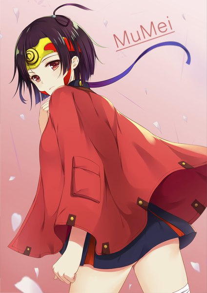 Anime picture 1500x2121 with koutetsujou no kabaneri wit studio mumei (kabaneri) flan (seeyouflan) single tall image looking at viewer short hair light erotic black hair simple background brown eyes looking back from behind inscription character names gradient background pink background walking face paint