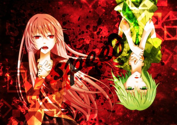 Anime picture 1500x1061 with vocaloid megurine luka gumi long hair short hair open mouth red eyes multiple girls green eyes pink hair green hair girl 2 girls