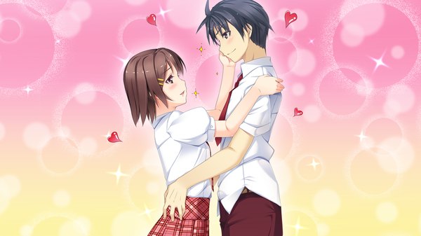 Anime picture 1280x720 with ano ko wa ore kara hanarenai giga blush short hair black hair brown hair wide image purple eyes brown eyes game cg couple girl boy uniform school uniform shirt