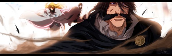 Anime picture 1900x622 with bleach studio pierrot ishida uryuu urahara kisuke juha bach i-azu long hair short hair black hair blonde hair wide image purple eyes multiple boys coloring letterboxed dust boy glasses cloak 3 boys