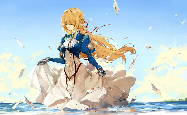 Anime picture 1500x926 with violet evergarden kyoto animation violet evergarden (character) saberiii single long hair fringe blue eyes blonde hair hair between eyes wide image looking away sky cloud (clouds) wind puffy sleeves girl dress ribbon (ribbons) hair ribbon