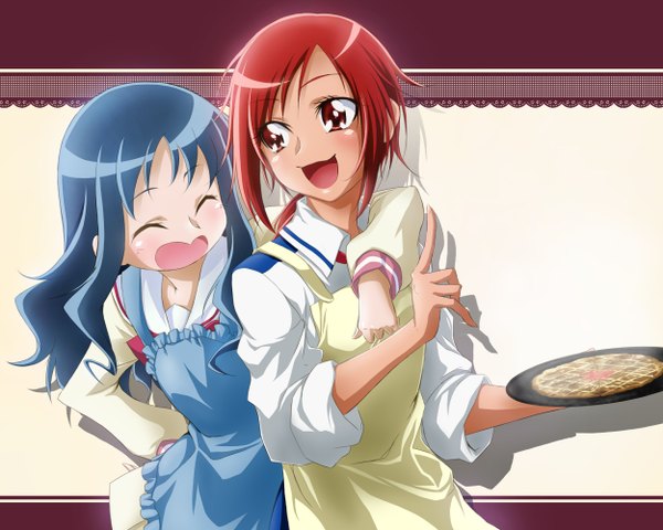 Anime picture 2500x2000 with precure smile precure! heartcatch precure! toei animation hino akane (smile precure!) kurumi erika dam (artist) long hair blush highres short hair open mouth red eyes multiple girls blue hair red hair eyes closed cooking girl uniform