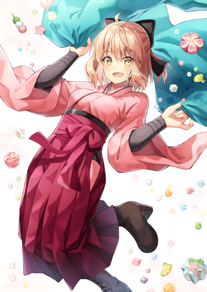 Anime picture 1020x1433 with fate (series) fate/grand order koha-ace okita souji (fate) (all) okita souji (koha-ace) nonono (nononotea) single tall image looking at viewer blush fringe short hair breasts open mouth simple background hair between eyes white background holding yellow eyes ahoge