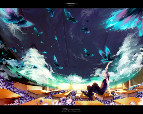 Anime picture 1280x1024 with original shirou single sky purple hair cloud (clouds) outstretched arm looking up flying scenic classroom boy flower (flowers) animal shirt bird (birds) pants vest fan