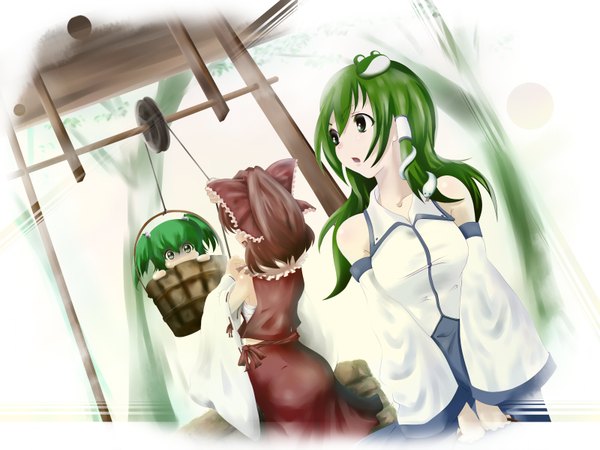 Anime picture 1600x1200 with touhou hakurei reimu kochiya sanae kisume poker-face-008 highres brown hair multiple girls green hair in container girl in bucket girl detached sleeves 3 girls bucket well