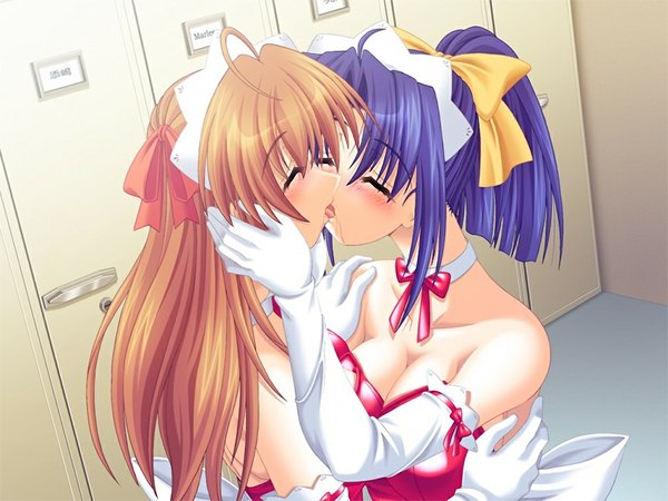 Anime picture 1024x768 with harem & harem (game) tagme (character) blush light erotic brown hair multiple girls game cg purple hair eyes closed shoujo ai kiss french kiss girl 2 girls