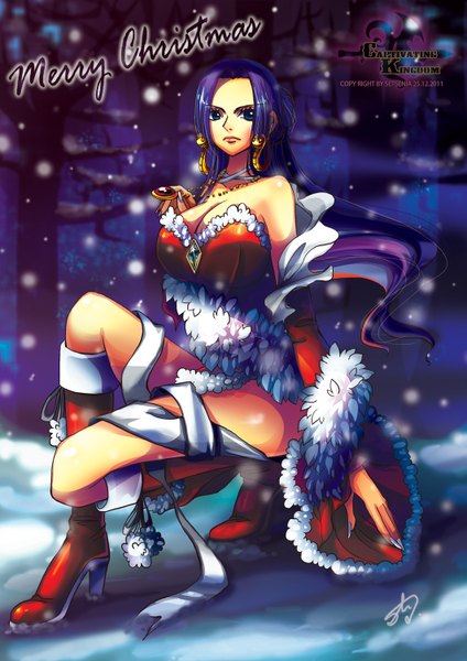 Anime picture 1061x1500 with one piece toei animation boa hancock kaset218 (artist) single long hair tall image blush breasts blue eyes light erotic black hair large breasts sitting looking away nail polish fingernails no bra high heels alternate costume