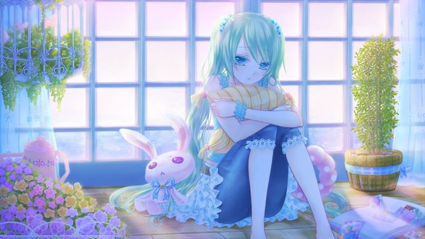 Anime picture 1024x576 with vocaloid hatsune miku kurone kuroneko single long hair looking at viewer blue eyes wide image sitting aqua hair girl dress flower (flowers) plant (plants) frills toy stuffed animal leggings