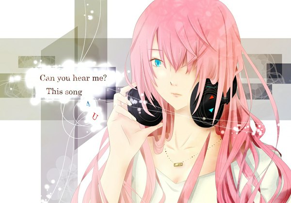 Anime picture 1001x700 with vocaloid megurine luka single long hair looking at viewer fringe pink hair aqua eyes lips hair over one eye alternate costume close-up headphones around neck girl headphones pendant jewelry