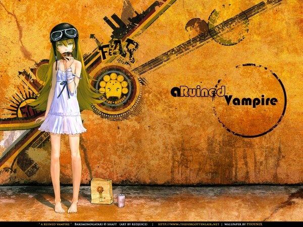 Anime picture 1920x1440 with bakemonogatari shaft (studio) monogatari (series) oshino shinobu redjuice single long hair looking at viewer fringe highres blonde hair hair between eyes bare shoulders signed yellow eyes full body barefoot strap slip eating third-party edit