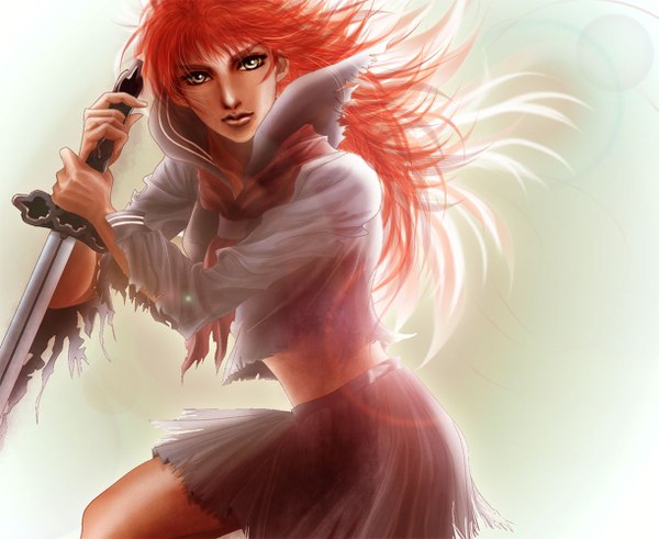 Anime picture 1221x1000 with twelve kingdoms nakajima youko senju (artist) single long hair looking at viewer fringe simple background sitting green eyes sunlight orange hair midriff kneeling torn clothes dark skin silver eyes girl weapon sword