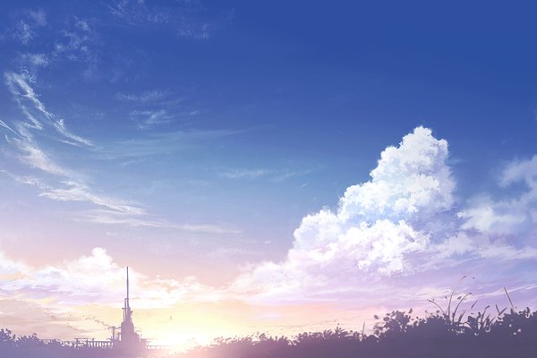 Anime picture 1500x1000 with original juuyonkou sky cloud (clouds) sunlight evening sunset mountain no people landscape morning sunrise plant (plants) grass sun
