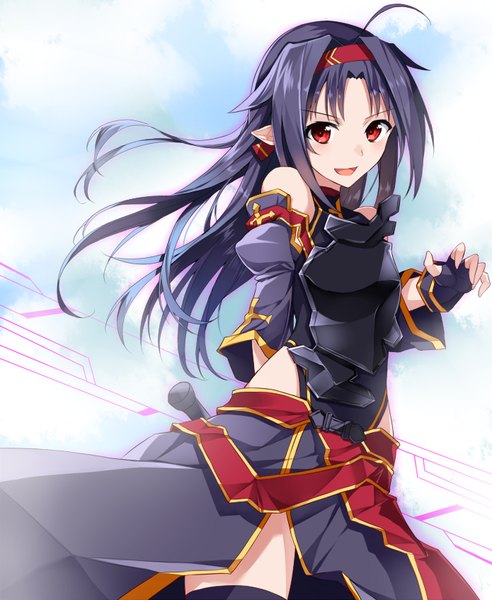 Anime picture 695x847 with sword art online a-1 pictures yuuki (sao) tsuedzu single long hair tall image looking at viewer blush fringe smile purple hair cloud (clouds) ahoge head tilt pointy ears puffy sleeves happy arm behind back girl