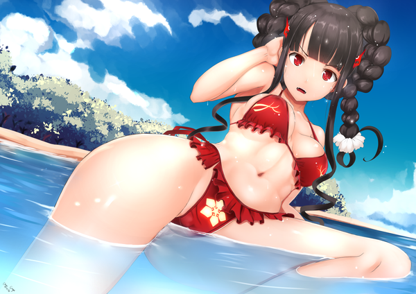 Anime picture 1333x943 with aoki hagane no arpeggio ashigara (aoki hagane no arpeggio) chiyo goya single long hair breasts open mouth light erotic black hair red eyes sky cloud (clouds) braid (braids) girl navel swimsuit bikini sea