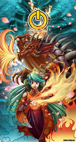 Anime picture 640x1195 with reiq (artist) long hair tall image open mouth pink eyes aqua hair fantasy girl gloves headdress dragon flame