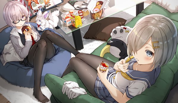 Anime picture 4000x2333 with fate (series) kantai collection fate/grand order mister donut lipton artoria pendragon (all) mash kyrielight hamakaze destroyer fujimaru ritsuka (female) fou (fate) failure penguin (kantai collection) miss cloud saber lion katoroku looking at viewer blush fringe highres short hair blue eyes