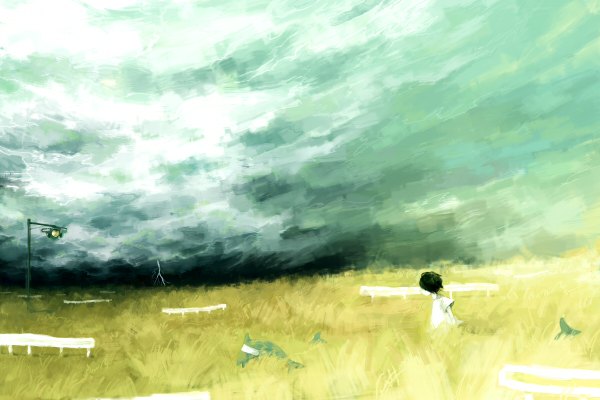 Anime picture 1200x800 with original yuuri (artist) single short hair black hair sky cloud (clouds) lightning field boy fish (fishes) lantern
