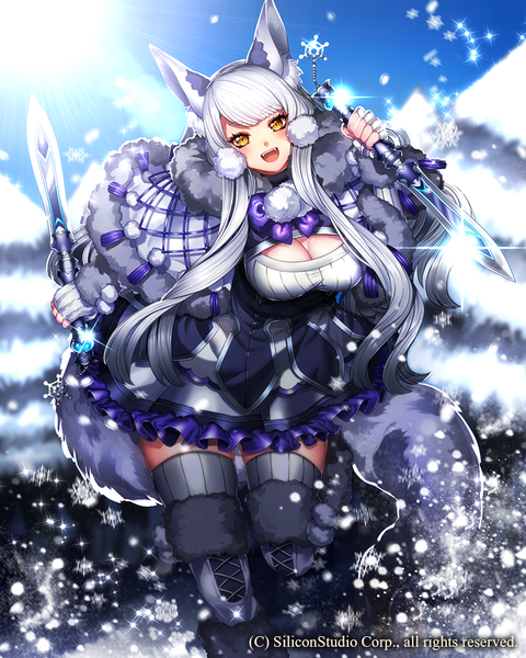 Anime picture 800x1000 with gyakushuu no fantasica katagiri hachigou single long hair tall image looking at viewer blush fringe breasts open mouth animal ears yellow eyes cleavage white hair blunt bangs snowing winter snow girl thighhighs