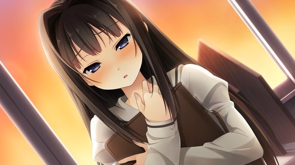 Anime picture 1920x1080 with your diary ayase sayuki kantoku single long hair looking at viewer blush highres open mouth black hair wide image purple eyes game cg evening sunset classroom girl uniform school uniform serafuku