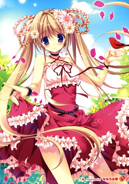 Anime picture 2530x3600 with girls, girls, girls! 11 (artbook) nanaroba hana single long hair tall image looking at viewer blush highres blue eyes blonde hair twintails hair flower scan official art bird on hand girl dress hair ornament flower (flowers) animal
