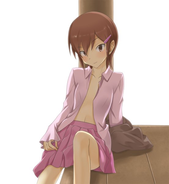 Anime picture 1200x1300 with kami nomi zo shiru sekai kosaka chihiro yuto (dialique) single tall image blush short hair light erotic brown hair sitting brown eyes open clothes open shirt girl skirt miniskirt