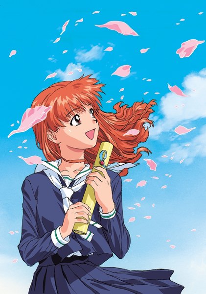 Anime picture 640x913 with viper asuka (viper) katsura ken'ichirou single long hair tall image fringe open mouth brown hair standing holding brown eyes looking away sky cloud (clouds) :d wind graduation girl skirt