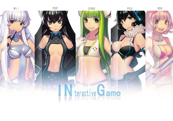 Anime picture 1280x901 with os-tan xbox360-tan wii-tan long hair blush short hair breasts open mouth blue eyes light erotic black hair smile red eyes white background multiple girls green eyes inscription flat chest multiview column lineup