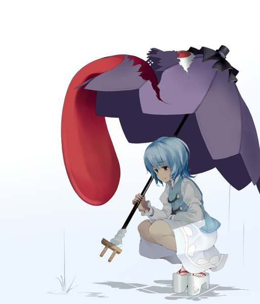 Anime picture 1000x1167 with touhou tatara kogasa ichijou tatami single tall image short hair simple background white background blue hair full body heterochromia squat girl dress shoes tongue umbrella