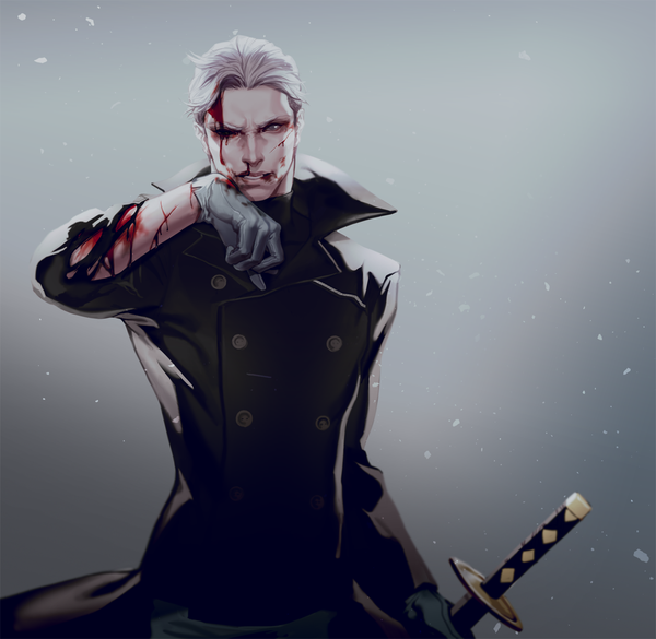 Anime picture 1187x1158 with devil may cry vergil kenny single short hair simple background grey hair grey background teeth grey eyes torn clothes injury nosebleed boy gloves weapon sword white gloves katana blood