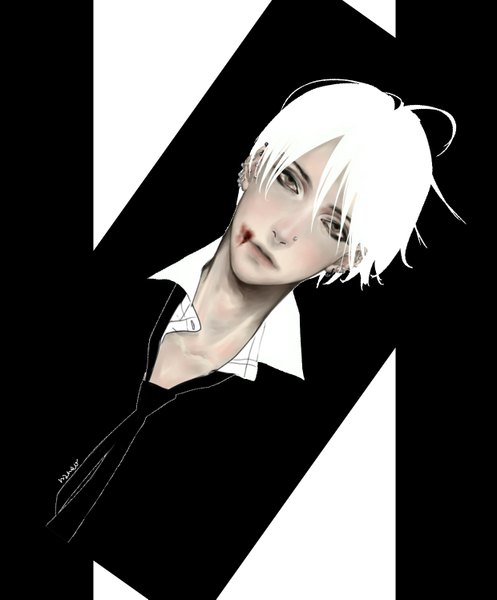 Anime picture 1239x1497 with original nanao (artist) single tall image looking at viewer fringe short hair hair between eyes signed ahoge white hair realistic grey eyes piercing monochrome open collar eyeshadow injury nose piercing boy
