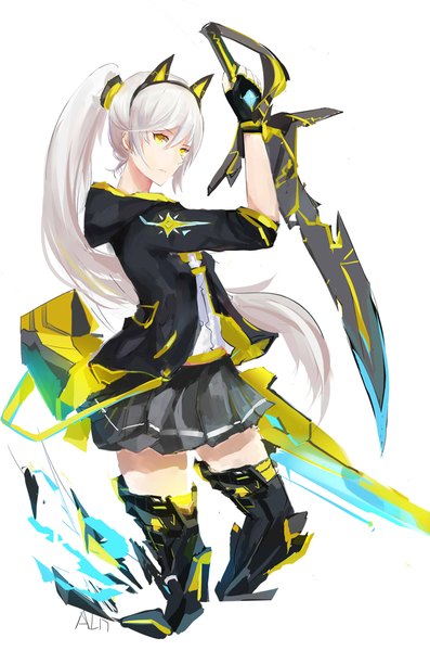 Anime picture 1482x2240 with original annnna single tall image looking at viewer fringe simple background standing white background holding animal ears yellow eyes white hair ponytail very long hair pleated skirt arm up cat ears girl skirt