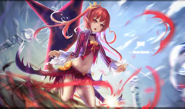 Anime picture 1600x942 with dungeon and fighter wangchuan de quanyan single long hair looking at viewer fringe open mouth red eyes wide image twintails red hair fingernails wind pointy ears bare belly bare legs midriff no shoes kneeling spread arms