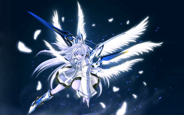 Anime picture 2456x1535 with original tateha (marvelous grace) single long hair looking at viewer highres blue eyes wide image silver hair blue background third-party edit multiple wings girl dress weapon sword wings feather (feathers)