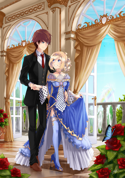 Anime picture 1024x1449 with original isaky (isakysaku) tall image short hair blue eyes blonde hair smile brown hair sky cloud (clouds) couple holding hands drill hair girl thighhighs dress boy flower (flowers) plant (plants) white thighhighs