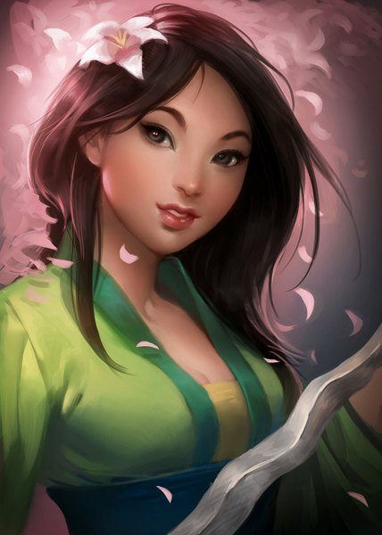 Anime picture 1000x1400 with mulan hua mulan sakimichan single tall image short hair open mouth brown eyes traditional clothes hair flower light smile lips realistic grey eyes cherry blossoms soft beauty girl hair ornament weapon petals