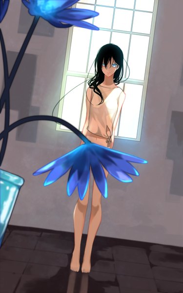 Anime picture 1000x1600 with original sennro single long hair tall image fringe blue eyes black hair standing indoors barefoot bare legs legs glowing reflection glowing eye (eyes) glow girl navel flower (flowers)