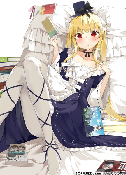 Anime picture 576x800 with original nauribon single long hair tall image looking at viewer blush fringe blonde hair red eyes twintails holding bent knee (knees) no shoes adjusting hair reclining lolita fashion goth-loli gothic girl