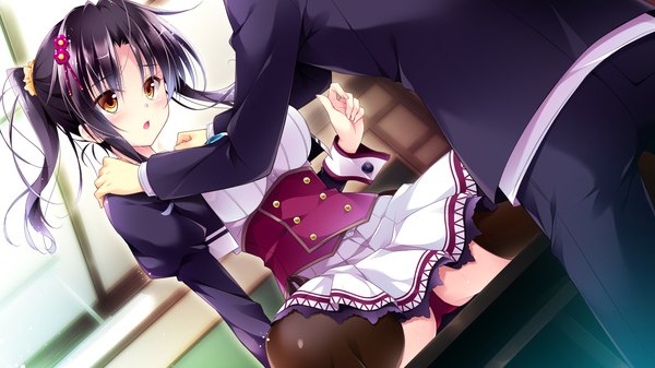 Anime picture 1920x1080 with golden marriage ensemble (studio) shimakage ruri long hair blush highres open mouth light erotic black hair wide image brown eyes game cg ponytail pantyshot couple pantyshot sitting girl thighhighs boy uniform