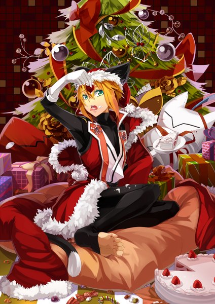 Anime picture 1280x1810 with blazblue jin kisaragi selenoring single tall image short hair open mouth blonde hair green eyes animal ears barefoot cat ears cat tail fur trim christmas otoko no ko boy gloves food sweets