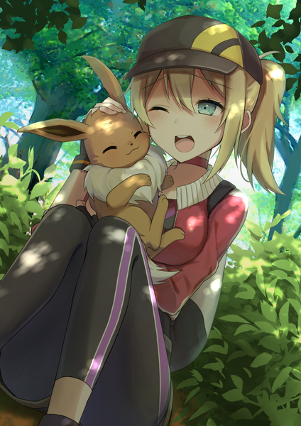 Anime picture 1653x2339 with pokemon pokemon (game) pokemon go nintendo eevee female protagonist (pokemon go) tadaomi (amomom) single long hair tall image blush fringe breasts open mouth blonde hair smile hair between eyes large breasts sitting green eyes