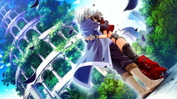 Anime picture 1920x1080 with taiyou no promia kodama (taiyou no promia) giselle geraldine highres short hair black hair wide image game cg grey hair couple girl boy