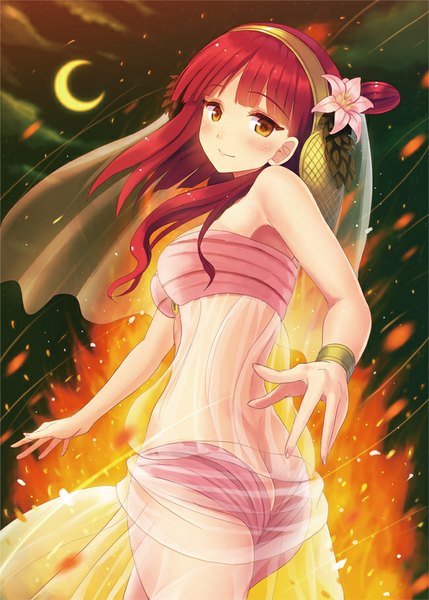 Anime picture 650x908 with magi the labyrinth of magic a-1 pictures morgiana kichiroku single long hair tall image looking at viewer blush fringe light erotic standing cloud (clouds) outdoors red hair nail polish looking back hair flower fingernails light smile