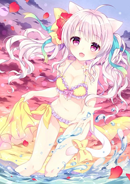 Anime picture 707x1000 with original wasabi (sekai) single long hair tall image looking at viewer blush breasts light erotic purple eyes twintails animal ears sky cloud (clouds) white hair tail animal tail cat ears cat girl cat tail