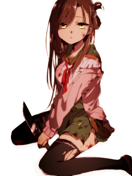 Anime picture 820x1085 with gakkou gurashi! wakasa yuuri hiiragi fuyuki single long hair tall image looking at viewer fringe light erotic simple background brown hair white background sitting yellow eyes torn clothes wariza blood on face bloody clothes blood stains girl